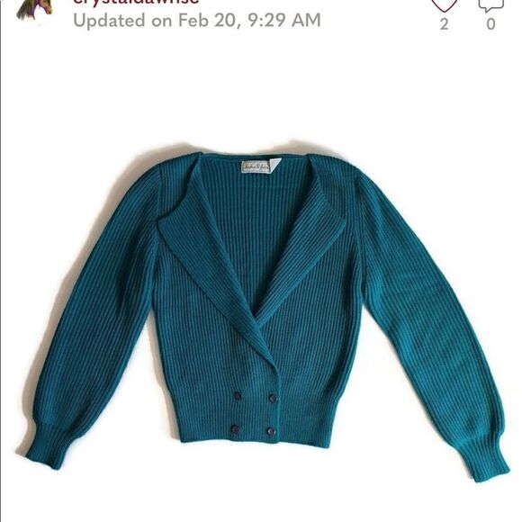 Vintage 80s Cardigan Sweater M Double Breasted Teal Blue / Green Acrylic CLX1A - Picture 2 of 12